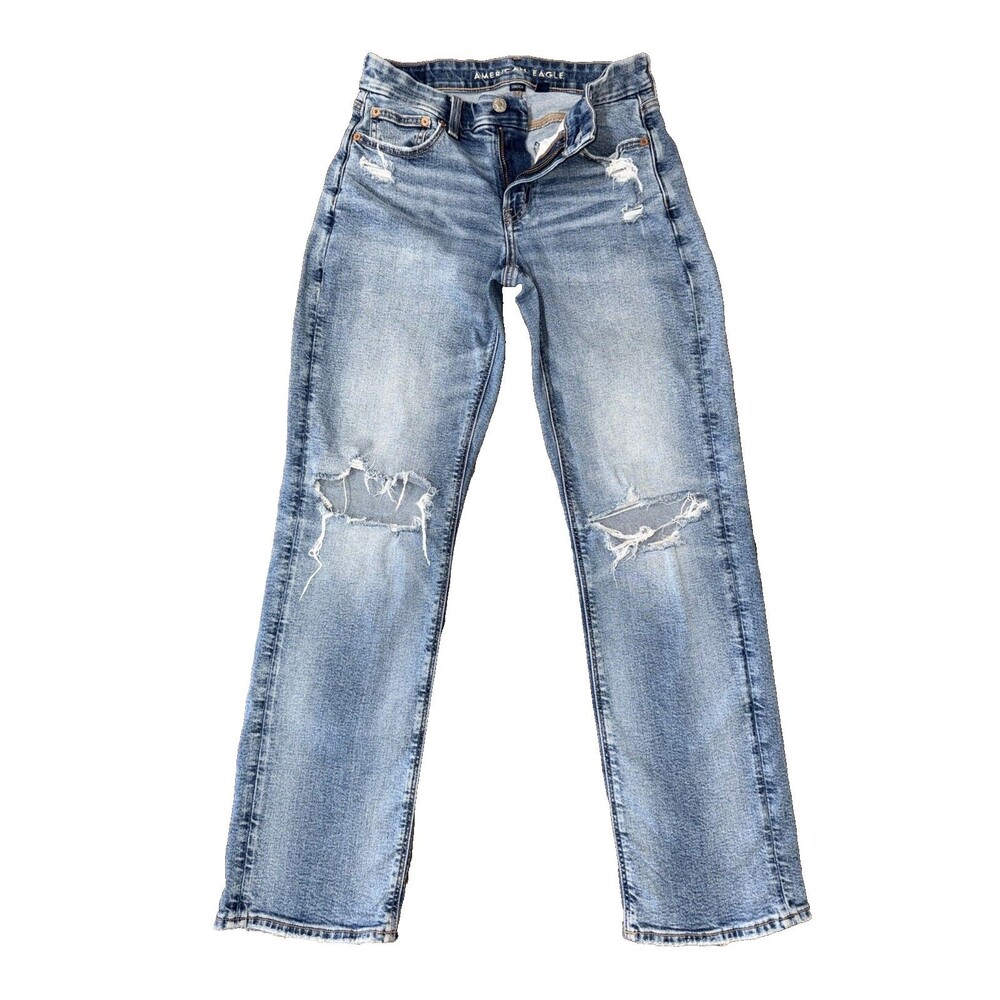 American Eagle Curvy Straight Jeans Distressed Stretch Mid Rise Medium Wash 4R